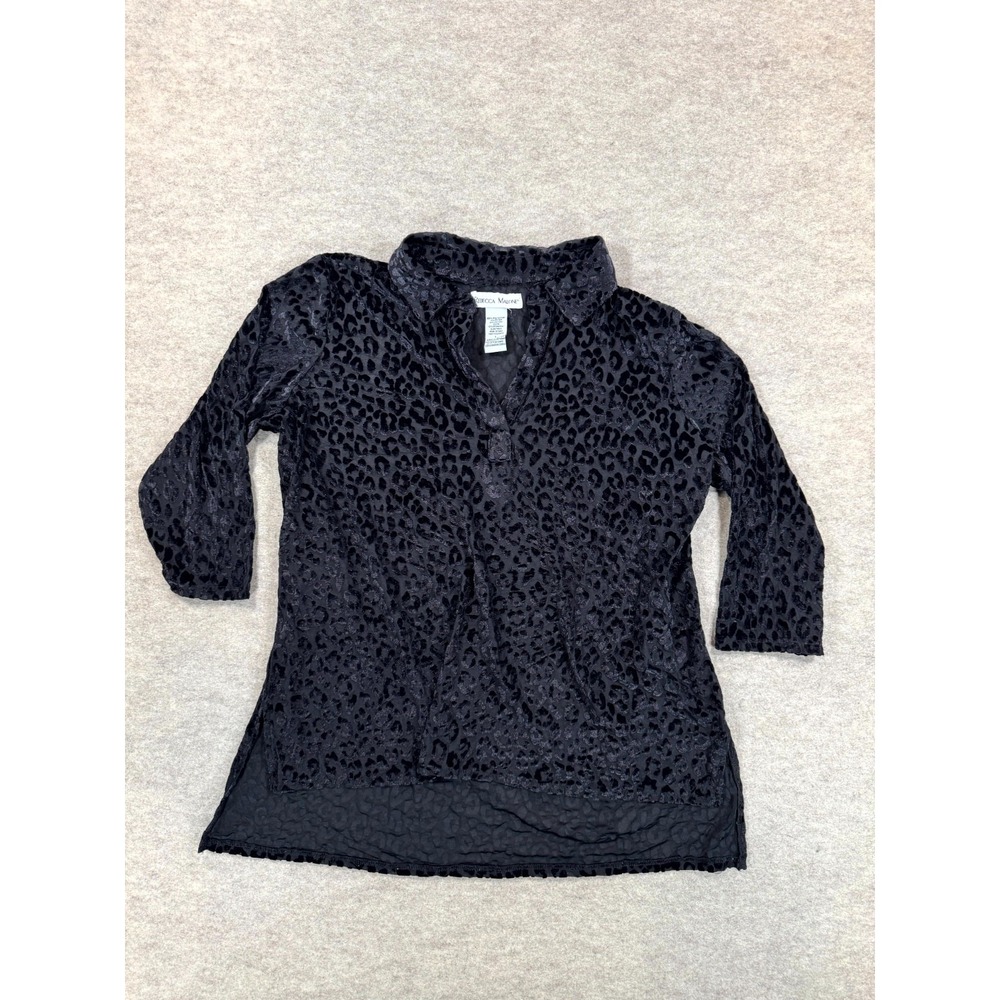 Rebecca Malone Top Womens Large Black Velvet Cheetah Stretch High Low Slit